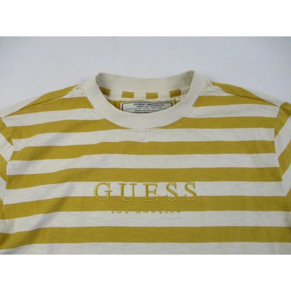 Guess Shirt Mens Small Yellow Striped Originals Embroidered Logo Crewneck Tee - Picture 3 of 9
